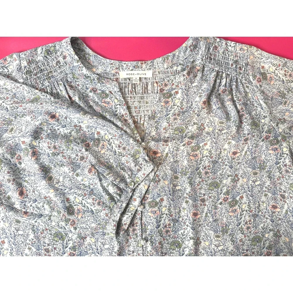 ROSE + OLIVE Blue Floral Smocked Button Front Blouse 1X Flowy Cottagecore Boho